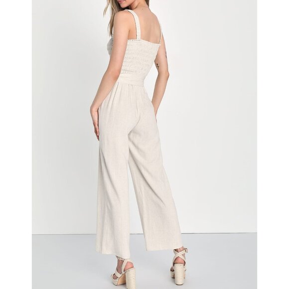 NWT Lulu’s Summer Moments Linen Smocked Wide-Leg Jumpsuit in Beige | Size S - Picture 5 of 6